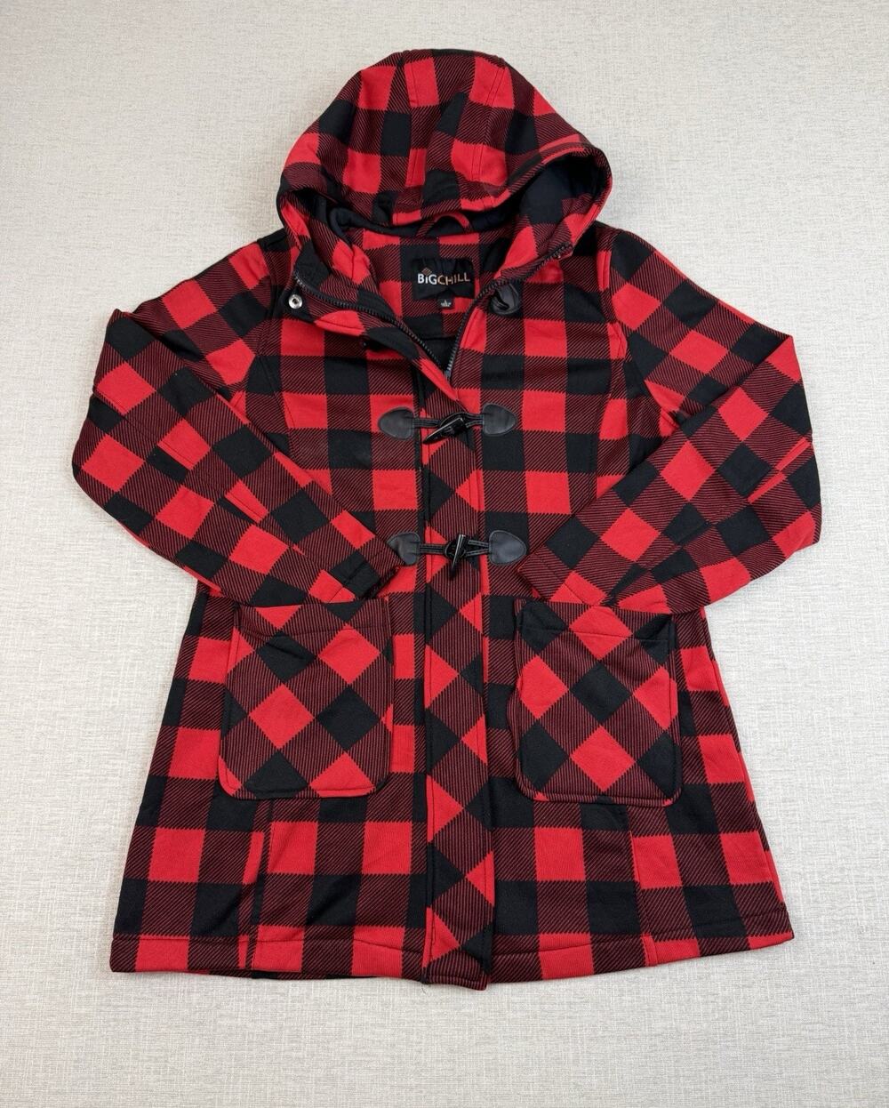 Big Chill Women’s Coat Large Red Black Buffalo Plaid Hooded Toggle Fleece